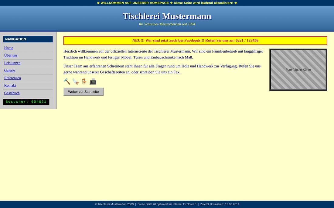 Beispiel einer veralteten Handwerker-Website (fiktives Konzept, kein echtes Kundenprojekt)